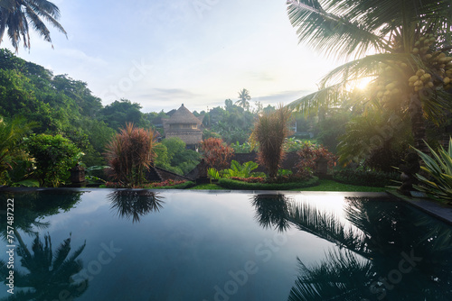 Sunrise. Tropical plants and a palm tree with coconuts are reflected in the pool. Landscape of the resort town. Empty tropical landscape. The island of Bali in Indonesia. Natural landscapes.