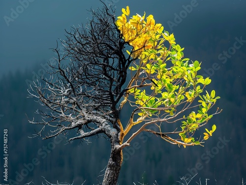 Asymmetrical Rebirth: A trees left side is scorched and lifeless while its right side bursts forth with vibrant new leaves