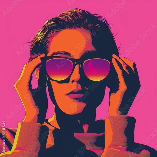 A woman wearing sunglasses against a vibrant pink background.