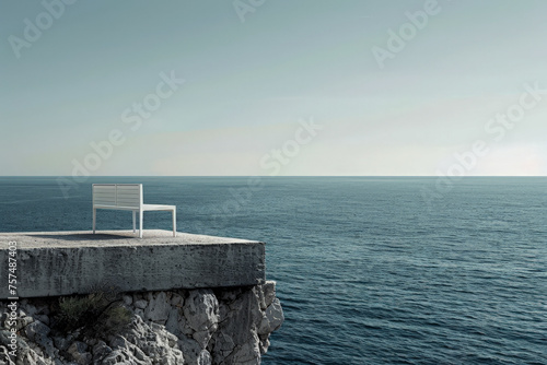 A white bench is sitting on a ledge overlooking the ocean