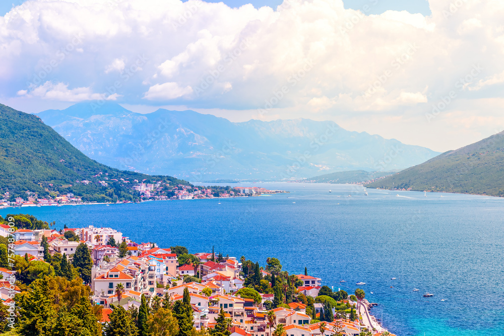 Panoramic view of the beautiful city of Herceg Novi and the Bay of Kotor. Montenegro