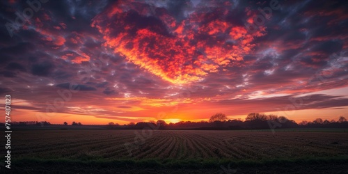 Sunset with heart-shaped cloud formation over a field