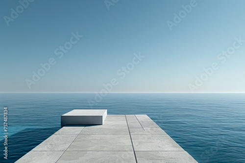 A pier with a white bench and a blue sky in the background © IonelV