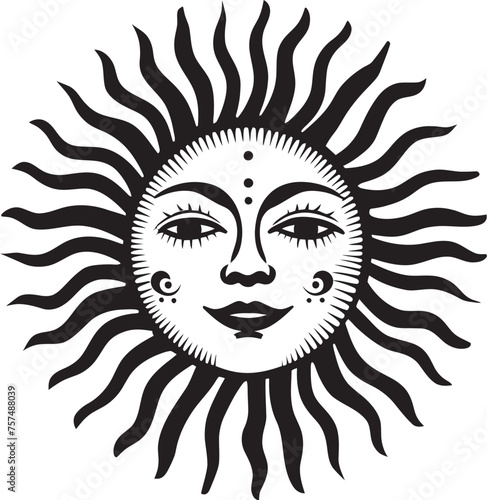 Radiant Radiance Cartoon Black Logo Design Joyful Radiance Hand Drawn Sun with Face Emblem Icon