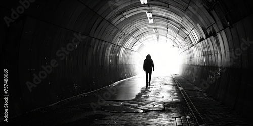 Person walking towards light at end of tunnel