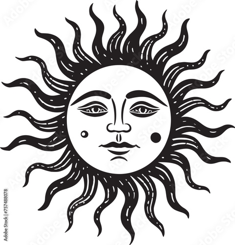 Fototapeta Naklejka Na Ścianę i Meble -  Radiant Revelry Cartoon Black Logo Icon Cheerful Countenance Hand Drawn Sun with Face Emblem