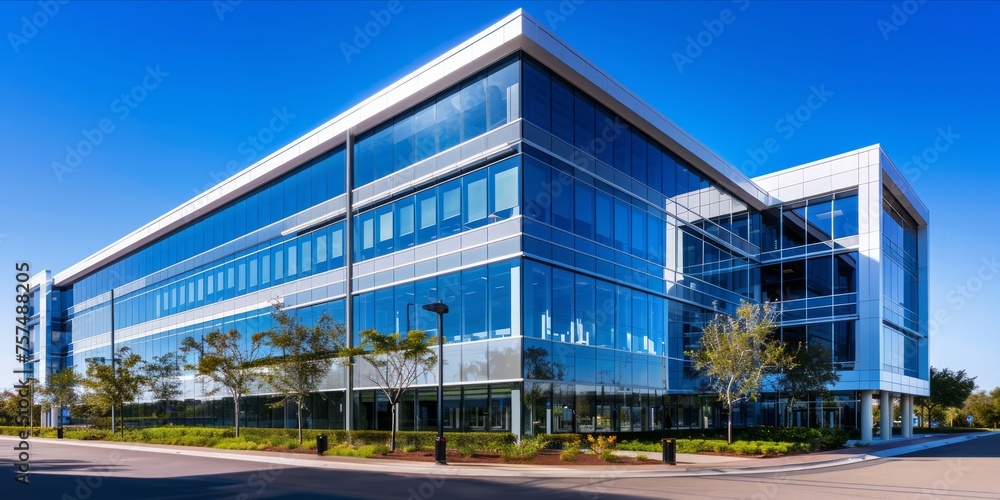 Obraz premium Modern commercial building exterior under blue sky