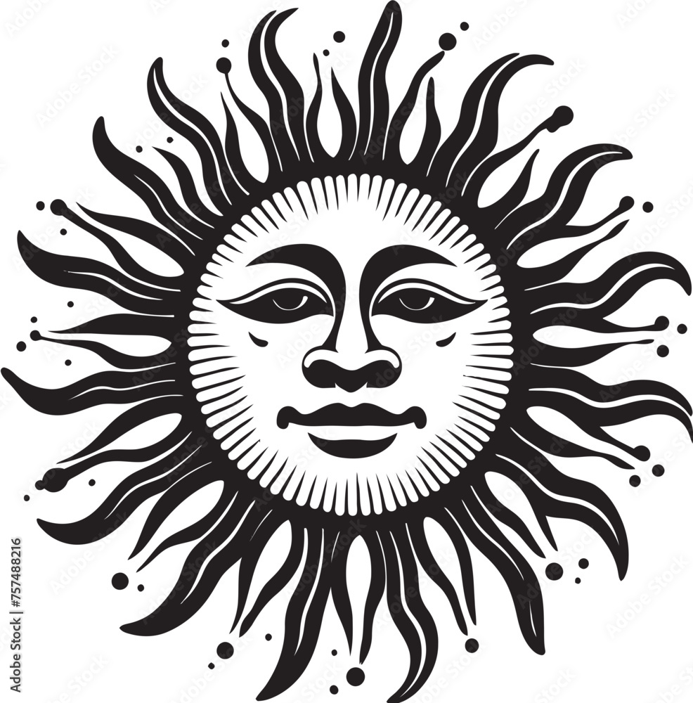 Sunny Delight Cartoon Sun with Face Vector Emblem Radiant Rays Hand Drawn Sun Black Logo Design
