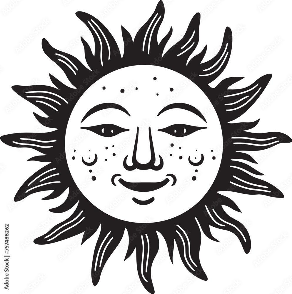 Cheery Sunshine Cartoon Sun with Face Vector Logo Sunbeam Symphony Hand Drawn Sun Black Emblem Design