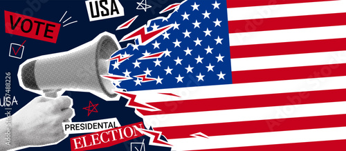 2024 US presidential election collage. Vector banner with halftone hand holding loudspeaker and calling to USA election voting. Collage for US Election 2024 campaign. Vote day, November 5.