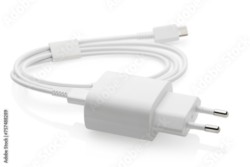 Charger block with white wire isolated on white background