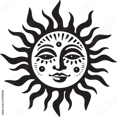 Cheery Sunshine Cartoon Sun with Face Vector Logo Sunbeam Symphony Hand Drawn Sun Black Emblem Design © BABBAN