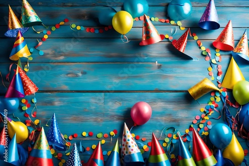 A festive display of colorful party hats, balloons, and streamers arranged in a circular pattern on a rustic blue wooden surface, inviting guests to step into the center and join the celebration.