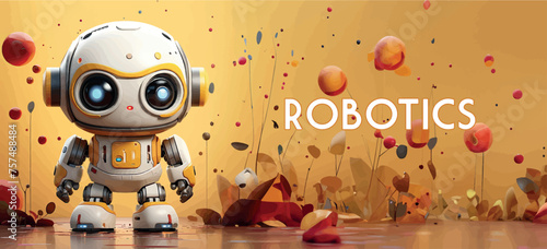Robotics for kids banner vector, empty space for advertising. Robot programming, robotics courses, IT technologies of the future. Stylized cute 3d robot character, concept art. Cartoon toy robot print
