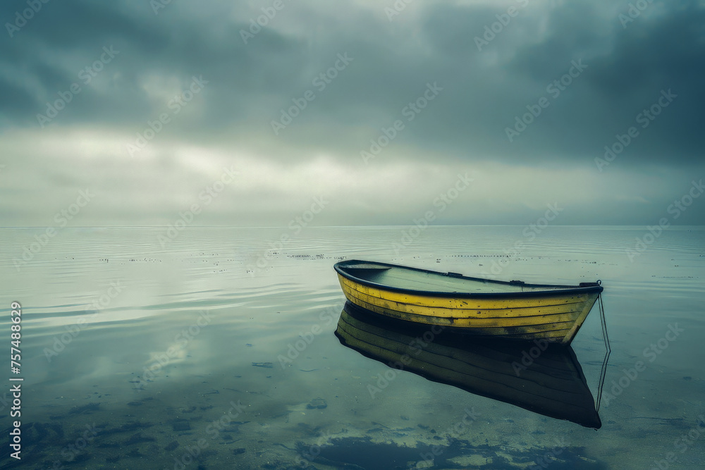 Naklejka premium A small yellow boat sits in the water, with the sky above it looking cloudy