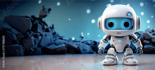 Robotics for kids banner vector, empty space for advertising. Robot programming, robotics courses, IT technologies of the future. Stylized cute 3d robot character, concept art. Cartoon toy robot print
