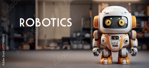 Robotics for kids banner vector, empty space for advertising. Robot programming, robotics courses, IT technologies of the future. Stylized cute 3d robot character, concept art. Cartoon toy robot print