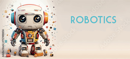 Robotics for kids banner vector, empty space for advertising. Robot programming, robotics courses, IT technologies of the future. Stylized cute 3d robot character, concept art. Cartoon toy robot print
