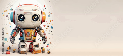 Robotics for kids banner vector, empty space for advertising. Robot programming, robotics courses, IT technologies of the future. Stylized cute 3d robot character, concept art. Cartoon toy robot print