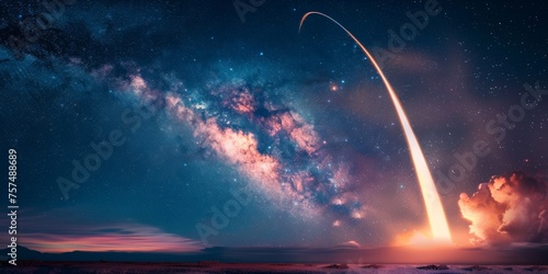 Rocket launch at night with colorful nebulae in the sky