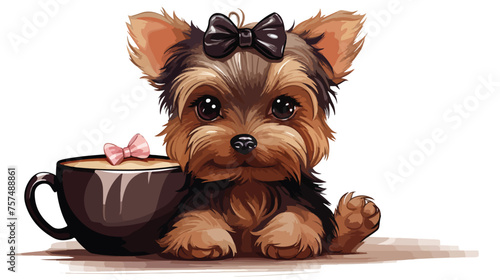 Cute Cartoon Yorkshire terrier with a bow is sittin photo