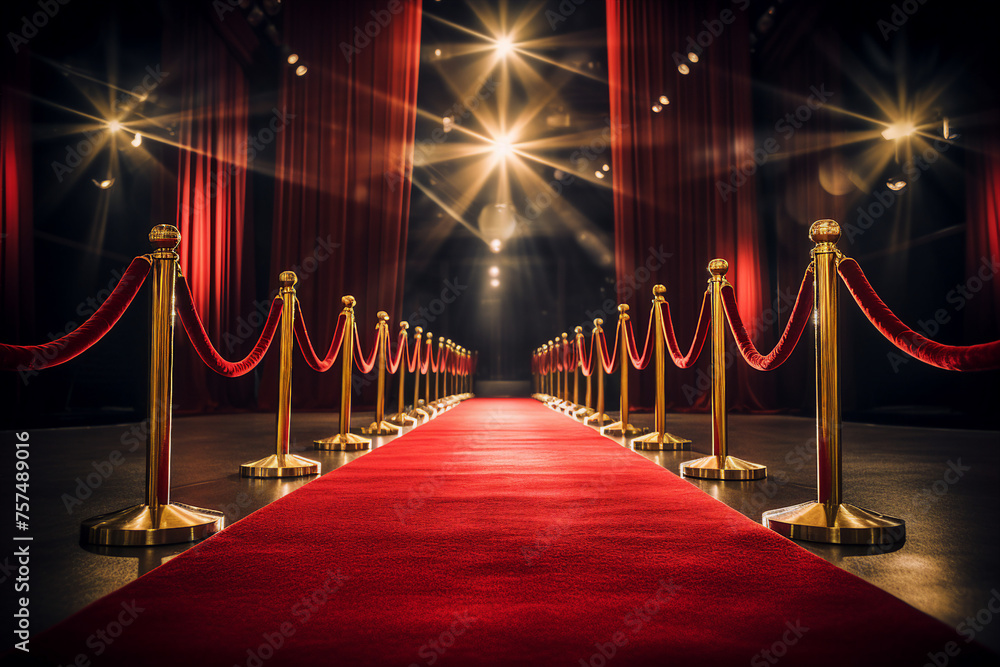 Red carpet rolling out in front of glamorous movie premiere background generative Ai Red carpet rolling out in front of glamorous movie premiere background generative Ai