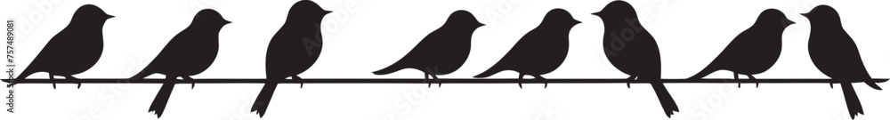 Fototapeta premium Feathered Fellowship Cute Bird Cartoon Black Logo Design Tweet Time Cartoon Birds on Wire Vector Emblem Icon