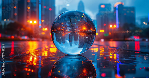 A glass ball with a reflection of a blurred city lights in it on a reflective surface with a blurry background. Beautiful urban wallpaper.