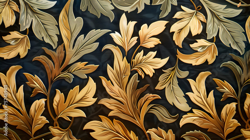 This image features a sophisticated floral relief pattern with golden hues on a dark textured backdrop, suitable for luxurious design themes photo