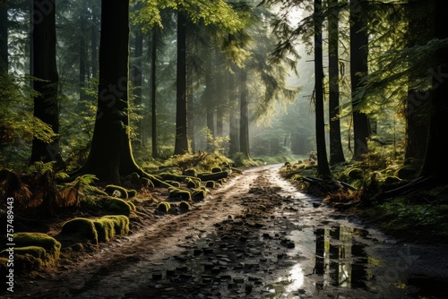 Sunlight filters through trees onto muddy forest path in natural landscape
