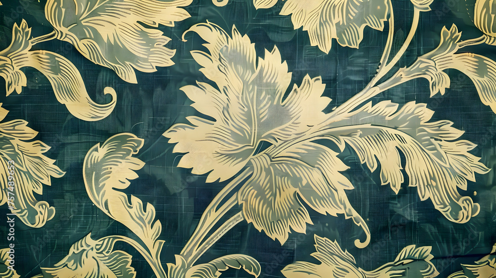 Detailed image showing a vintage-inspired floral design with a textured, fabric-like appearance, featuring a dark teal background and gold-toned leaves - obrazy, fototapety, plakaty 