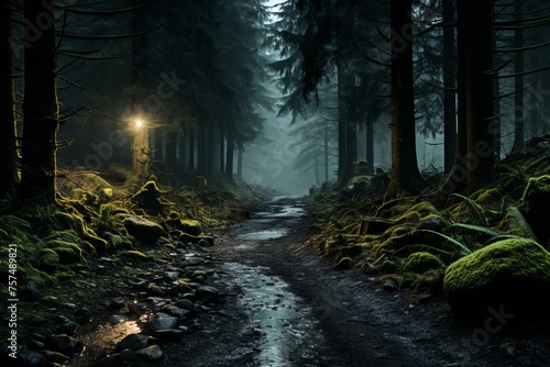 Terrestrial plants in dark forest with stream, road lighted