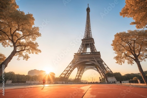  A person running near Eiffel Tower, Olympic games