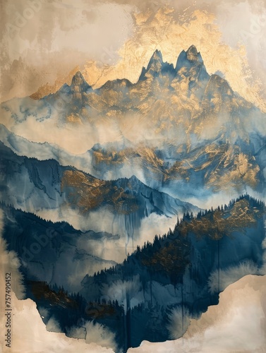 A painting depicting a mountain with billowing clouds and lush green trees under a blue sky.