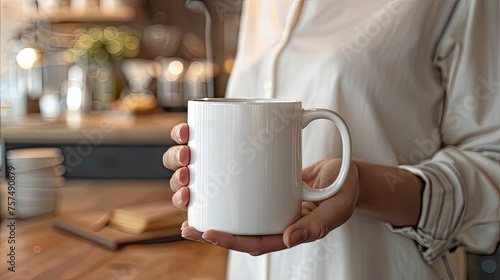 Personalize your brand: Showcase your design on a ceramic coffee mug held by a person, offering a customizable marketing opportunity photo