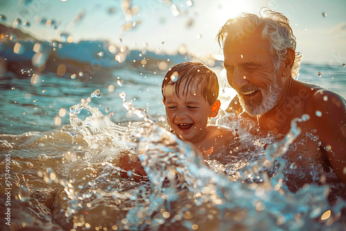 Grandson and grandfather enjoying a day at the beach bathing in the ocean photo