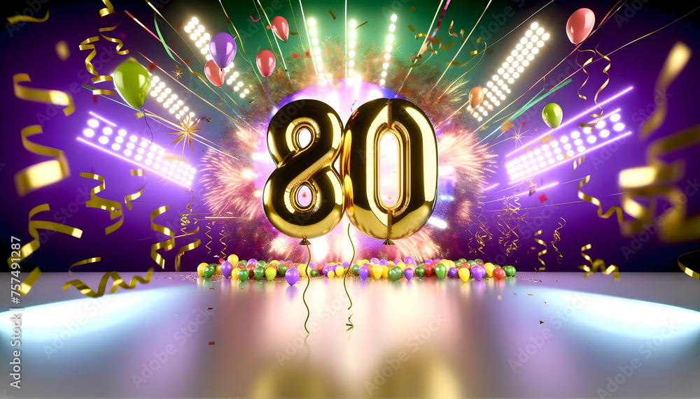 golden balloons number 80 on birthday concept background