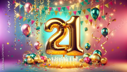 golden balloons number 21 on birthday concept background photo