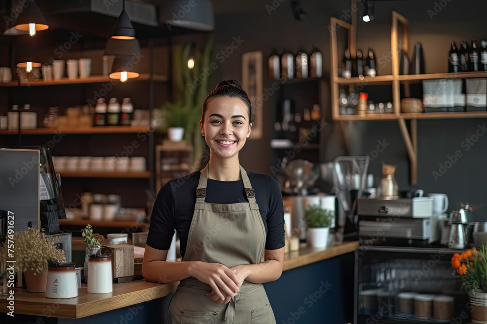 Barista in her café environment, her smile reflects the welcoming and professional essence of modern coffee culture