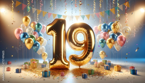 golden balloons number 19 on birthday concept background photo