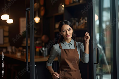 At the entrance of a cozy café, a barista girl greets patrons with a confident smile, welcoming essence of the coffee culture