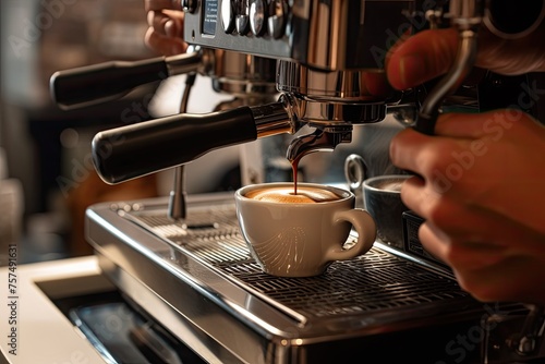 Barista meticulously extracts a perfect shot of espresso into a white cup  showcasing the precision and artistry behind coffee making