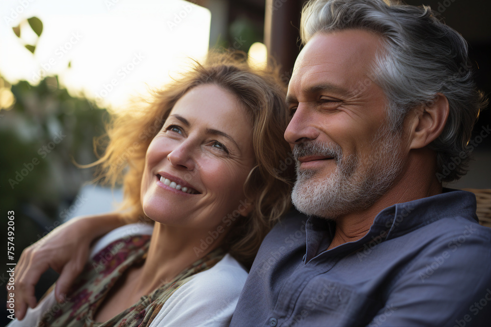 Naklejka premium AI generated picture photo of loving enamored happy two mature people on honeymoon vacation together