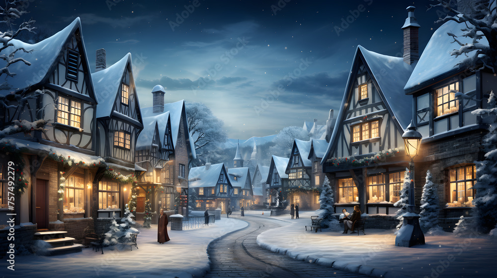 the festive spirit of a quaint snowy village during Christmas, with warmly lit cottages, and a charming town square adorned with twinkling lights Generative AI the festive spirit of a quaint snowy village during Christmas, with warmly lit cottages, and a charming town square adorned with twinkling lights Generative AI