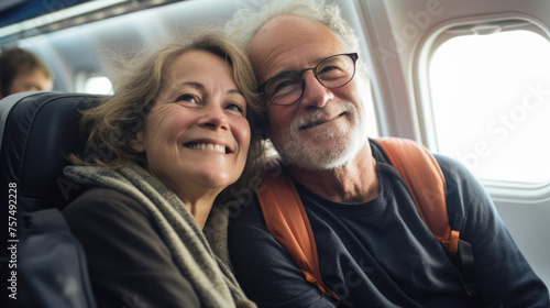 Joyful senior couple travelling by plane, holiday vacation concept