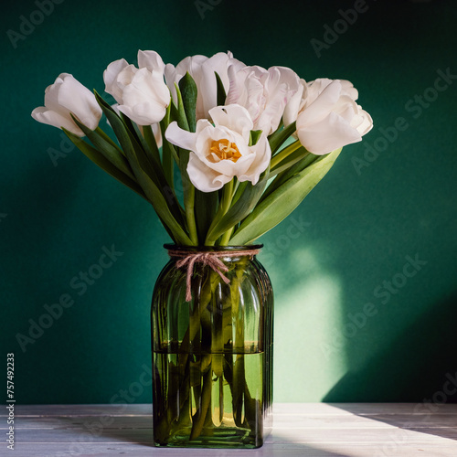 Bouquet of white tulips in green glass vase on green background with sunlight. Vase of flowers stands on wooden table. Concept: greeting card, spring holidays. Square, toning