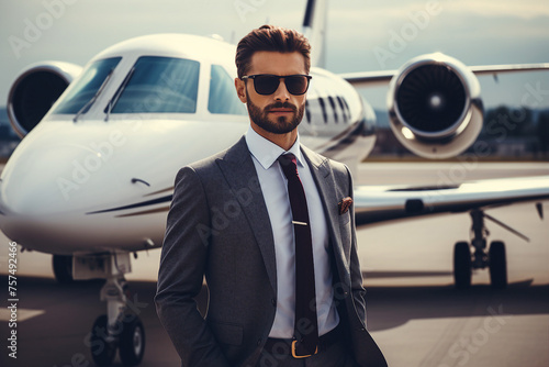 Portrait of a handsome smiling businessman in front of an airplane on a sunny day generative ai