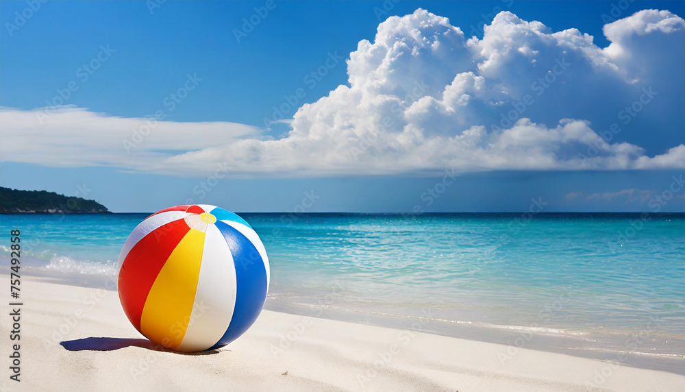 Colorful beach ball on sand near ocean. Summer vacation. Beautiful seascape
