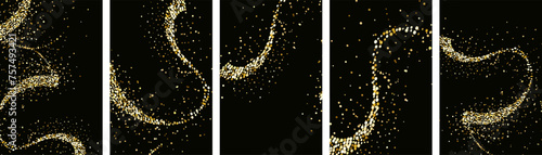 Collection of gold glitter textures set against a sleek black backdrop. Radiant stardust in a warm amber hue. A cascade of sparkling  shine confetti.Overlay sand powder effect.