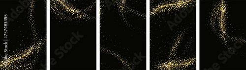 Collection of gold glitter textures set against a sleek black backdrop. Radiant stardust in a warm amber hue. A cascade of sparkling shine confetti.Overlay sand powder effect.